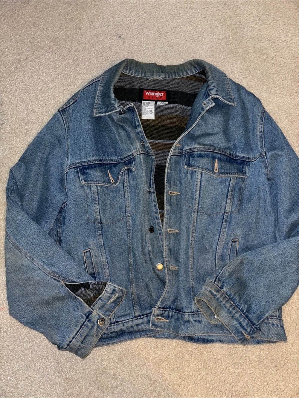 Vintage Men's Wrangler Plaid Flannel Lined Denim Western Trucker Jacket Sz L